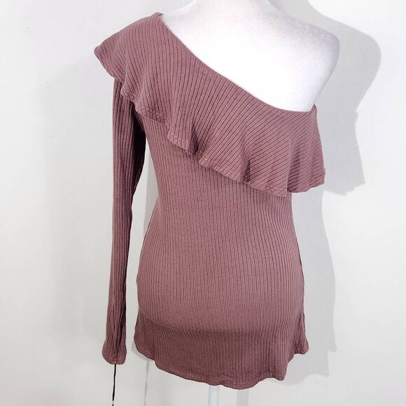 Michael Lauren Mauve Ribbed Knit One Shoulder Top Ruffle Accent NWT Size Large - Picture 6 of 11